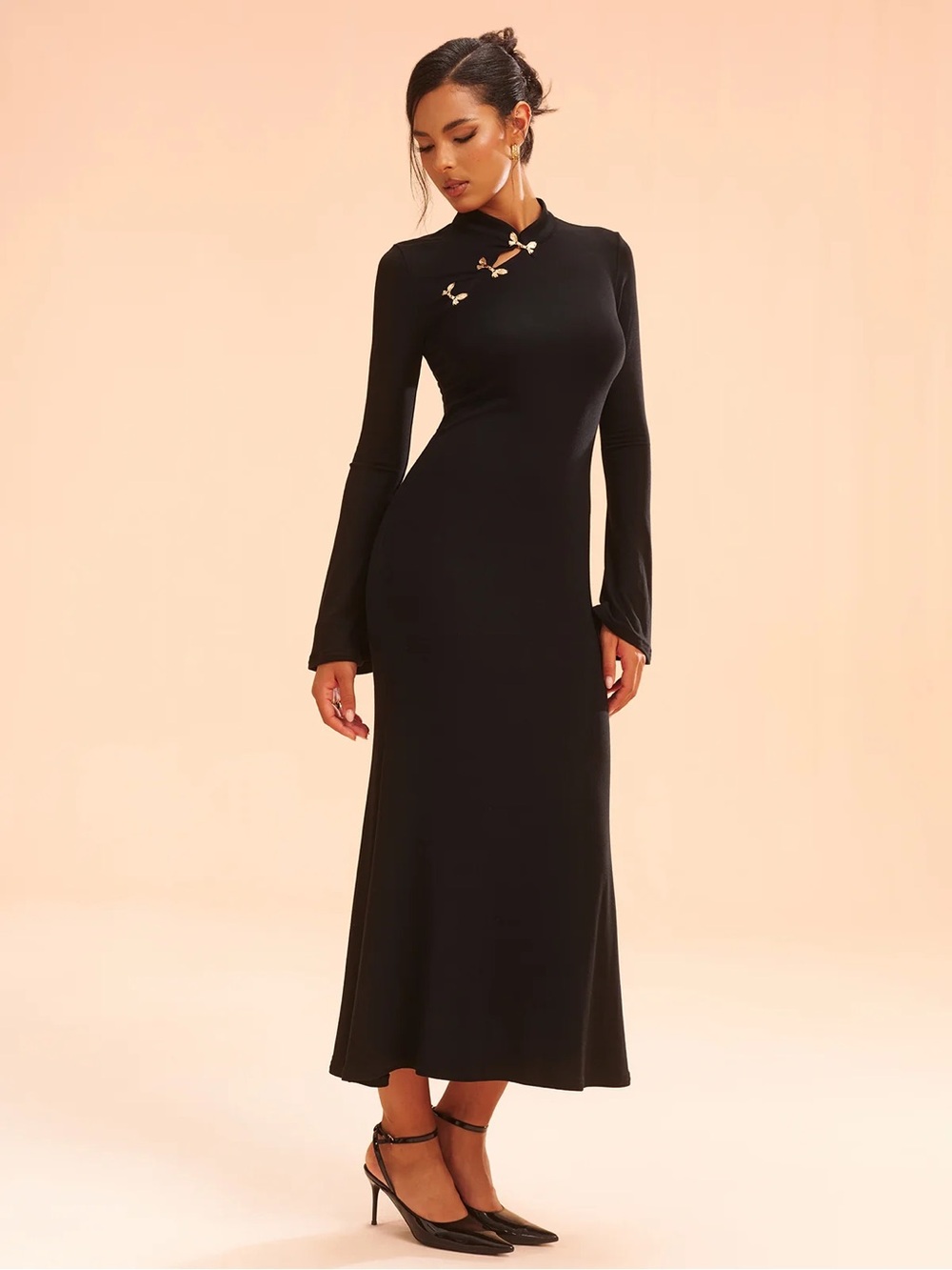 COMMENSE Long Sleeve Mandarin Collar Maxi Dress